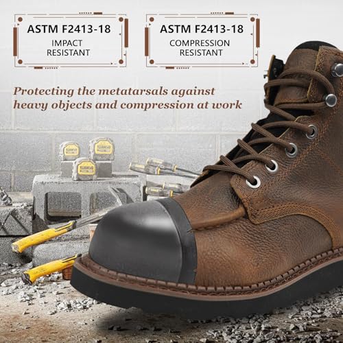 Mens Vintage Wedge Work Boots - ASTM Steel Toe + Lightweight + Shock Absorption + Slip Resistant + 2 Different Insoles2