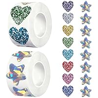 1000 Pcs Holographic Silvery Star Stickers and Colorful Heart Sticker, 2 Roll Self Adhesive Sparkly Star Stickers for Kids and Glitter Heart Sticker for Home School Teacher Birthday Party Wedding