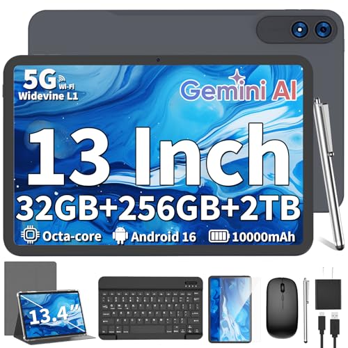 Image of 2026 13 Inch Android 16 Tablet with Keyboard, 32GB+256GB+2TB Expand, Tablets PC with Gemini AI, Octa-Core, 10000mAh, 120Hz 1920x1200 Display, GPS, 2 in 1 Large Tablets with Case, Mouse, Stylus(Silver)