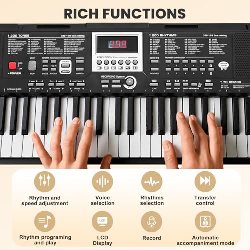 KEYIVOX 61-Key Electronic Keyboard Piano for Beginners with 200 Tones & Rhythms, Microphone, Learning Features, and Piano Note Stickers
