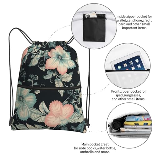Drawstring Backpack Water Resistant String Bag Blue Flower Sports Sackpack Gym Sack for Men Women4