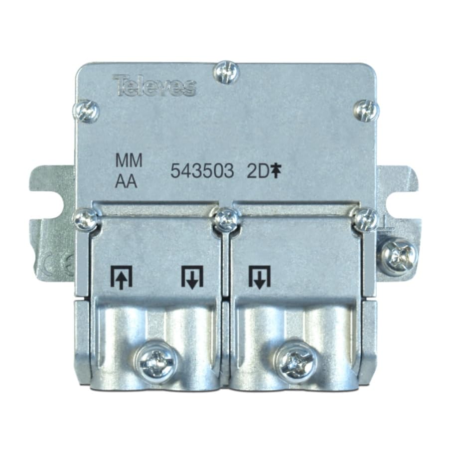 Repartidor de 2 Salidas TDT y Sat, Repartidor Antena 2 direcciones, 4,3/4 dB, Incluye Paso de Corriente DC, Conexión Tipo Brida (EasyF), Apto para TDT-Sat (5-2400MHz), 2 Salidas