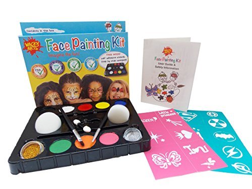 Face Paint For Kids from Wacky Arts, Face Painting Kit Non Toxic, Waterbased, Easy Use 16 Stencil Kit, FDA Safe Includes 8 Colors 2 Glitters, Safety Guide & Design Manual for All Parties & Events