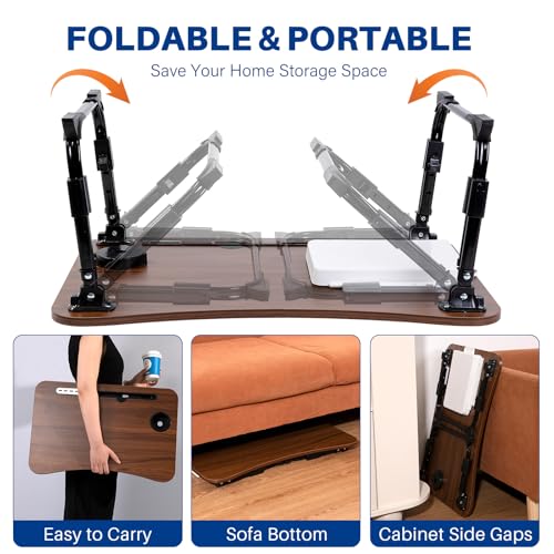 Laptop Desk for Bed, Height Adjustable Laptop Bed Table, Foldable Portable Lap Desk Stand with USB/Storage Drawer/Cup Holder/Slot, Breakfast Tray for Working Reading Writing Eating (Dark Walnut)