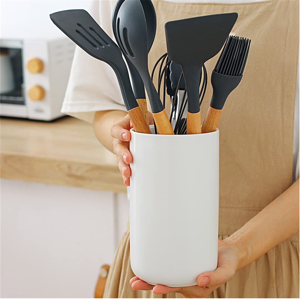 Organizador Cubiertos Cocina en Encimera, Redondo Bote Porta Utensilios de Cocina de Ceramica para Espátulas, Batidores, Cucharas Cuchillos Tenedores Palillos