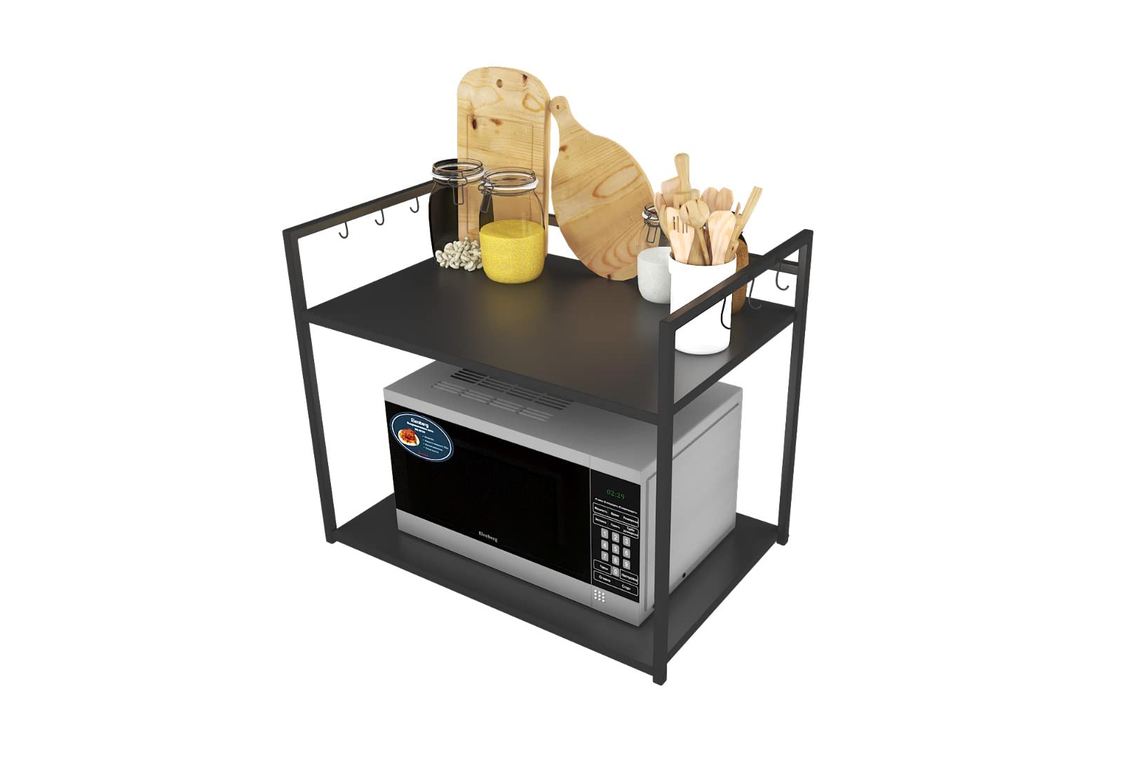 (DT2100) Design Tech Metal Microwave Stand & OTG Stand for Kitchen Stand Counter Double Platform for Extra Storage with Hooks (Black)