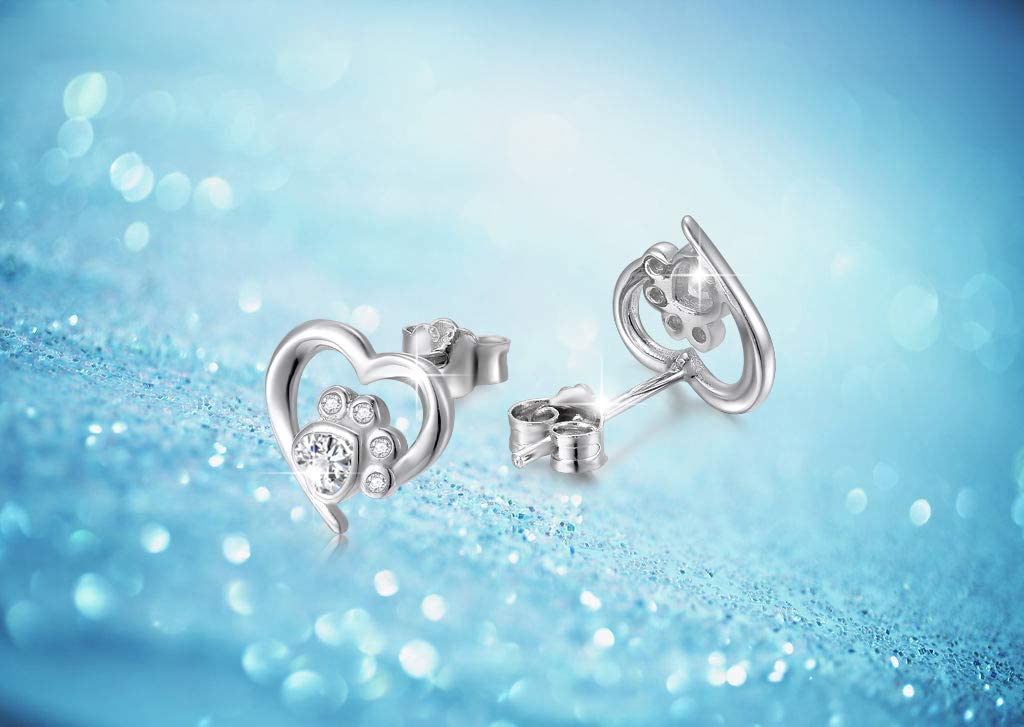 S925 Sterling Silber Ohrstecker mit Pfotenabdruck, Katze, Welpe, Herz, Geburtstagsgeschenk für Frauen, Teenager, Mädchen, Tierliebhaber