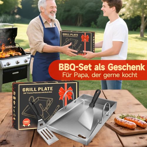 Grillplatte Plancha, 4 mm starker Edelstahlgrill für Gas- und Holzkohlegrills 40 x 30 x 4 cm, mit abnehmbarem Griff, mit 2 Grillspatel-Set,Grillgeschenke für Männer und Frauen 3