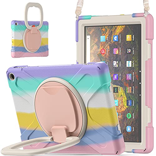 360 ° Rotation Portable Case for Fire HD 10 & 10 Plus Tablet?11th Generation, 2021 Release Rugged Case Rotating Stand Hand Strap Shoulder Carrying Strap Outdoor Cover (Colourful Pink)