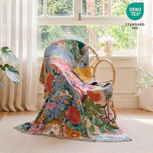Image of MSGKV Boho Throw Blanket 50 inchx60 inch Cotton Floral Blanket for Couch & Sofa