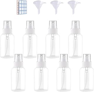 ACTTGGJ 8 Pcs Small Spray Bottle 50ml Clear Empty Fine Mist Plastic Travel Atomiser Bottle Set,Spray Bottles Refillable Liquid Containers with 3 Pcs Funnels18 Pcs LabelsMake-up Cosmetic Hair,ACTTGGJ