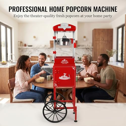 Image of Popcorn Machine Cart 14OZ - Pop Corn Machine Maker with Stainless Steel Kettle, with Stand & Wheels, Large Popcorn Machines for Home, Parties, Movie Theater, Events, Business