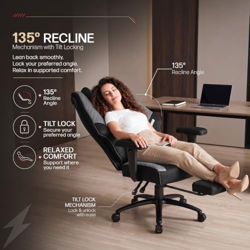 Image of DROGO Majestic Ergonomic Office Chair for Work & Home 400LBS | Big and Tall Boss Chair for Office with High Cushion, Lumbar Support, Padded Armrest, 135 Recline & Footrest,1 Yr Warranty (Black&Grey)