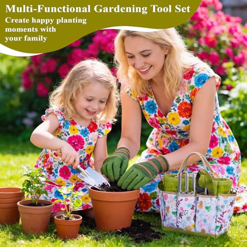 FDKYOEK 15-Piece Garden Tool Set for Women, Heavy Duty Gardening Kit with Floral Garden Bag, Steel Garden Hand Tools, Plant Labels, Gloves, Gardening Gift Basket for Men Gardeners Plant Lovers, Green