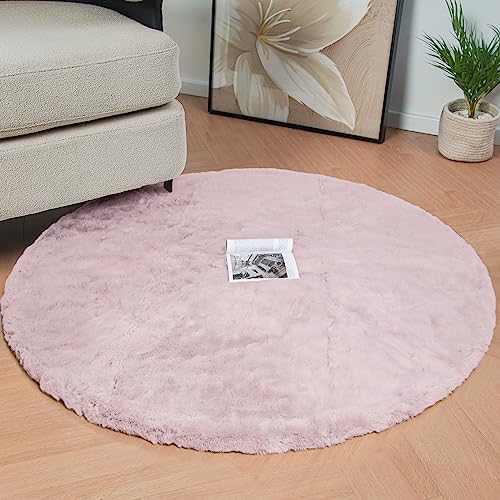 Pink Boho Faux Rabbit Fluffy Fur Rugs for Bedroom Shag Circle Washable Area Rugs for Living Room Nursery Round Rug 4ft