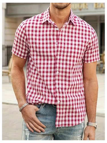 Men's Gingham Shirts Plaid Button Down Short Sleeve Casual T Shirt Tops4
