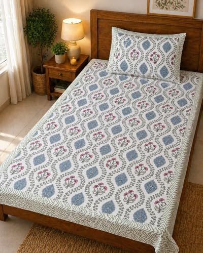 Image of Mafatlal 144 TC Heritage 100% Cotton Bedsheet for Twin Bed & Single Size Bed with Pillow Cover (90x60 inches), Jaipuri Rajasthani Design, Extra Soft & Wrinkle Free| Soft Blue