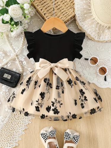 Image of Girls Black & Beige Floral Party Dress with Bow | Flutter Sleeve Top & Tulle Skirt | Elegant Birthday & Wedding Frock for Kids(GW-227)