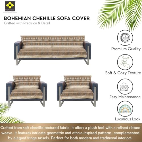 Image of Elegant Woven Brown Sofa Cover - Soft Chenille Traditional Pattern with Lace Style | L-Shape Sectional Seat Protector for Living Room | Durable & Stylish Slipcover 5 Seater Sofa