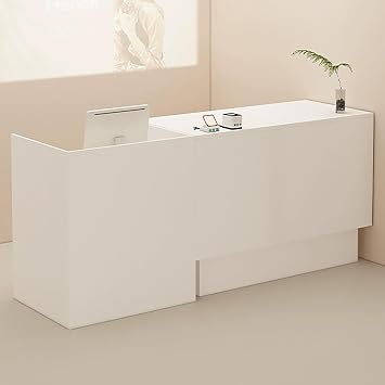 Large Front Desk Reception Desk with Counter, Reception Counter Table with Cable Hole, Retail Checkout Counter with Lockable Drawer, Reception Table with Open StorageWhite,160cm/62.9in