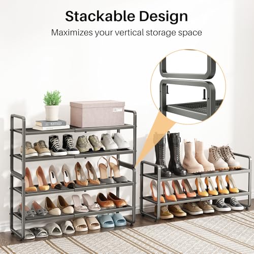 Image of SNTD Shoe Rack - Expandable Shoe Organizer for Closet, Adjustable Metal Shoe Shelf Storage, Stackable Long Shoe Stand Holder for Garage, Entryway, Door Entrance (Grey, 2-Tier)