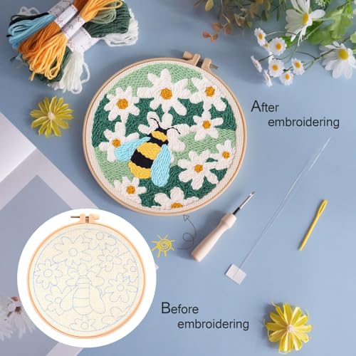 Image of KESTAR Punch Needle Embroidery Starter Kits, Bee and Daisy Flower Punch Needle Kits for Adults Beginner, Needle Punch Kit Tool with Instruction Threader Fabric Yarns and Hoop