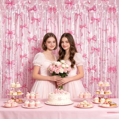 Image of TONIFUL 2Pcs Laser Pink Bow Metallic Tinsel Foil Fringe Curtain Streamers