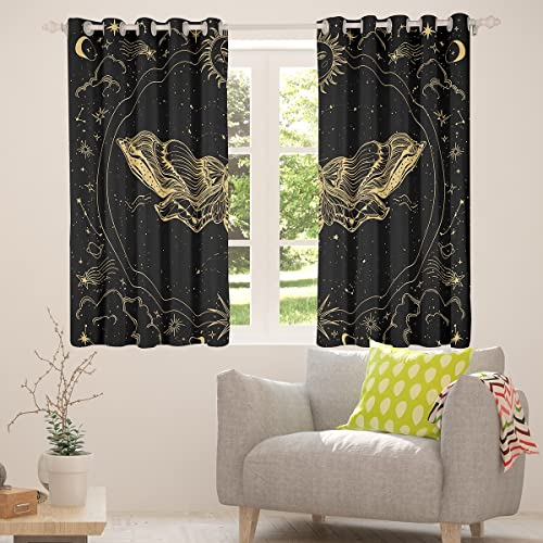 Death Moth Curtains Bedroom Living Room Kids Sun Moon Blackout Curtains Teens Skull Decor Darkening Dreapes Boho Exotic Halloween Decorations Gold Grey Window Treatments (2 Panels, 42 X 84 Inch) #TOP4