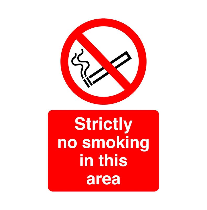 Strictly no smoking in this area safety sign - High tack self-adhesive sticker (600mm x 400mm) Viewing Distance within 20m.