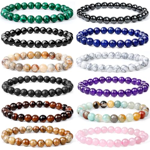 ONESING 12 Pcs 8mm Gemstones Beaded Bracelets Healing Crystals Stones Essential Oil Diffuser Bead Bracelets Set for Men Women