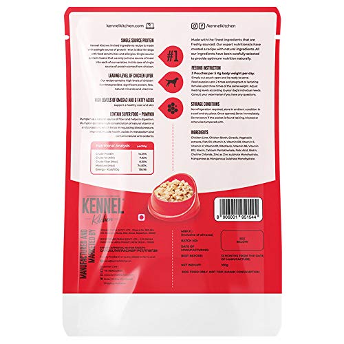 Image of Kennel Kitchen Supreme Cuts in Gravy, Chicken Liver Recipe with Pumpkin, 130g (Pack of 4) | Wet Dog Food Gravy for Adult & Puppy | Limited Ingredient Chunks High in Fibre & Good for Hydration