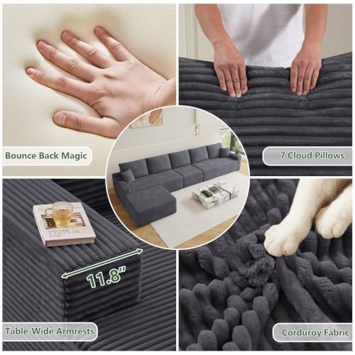 Image of Oversized Modular Sectional Sofa Couch,Large 6 Seater Corner Sofa Modern L Shaped Sectional Couch with Ottoman Cloud Couches for Living Room,Office,Spacious Space,Corduroy,No Assembly,Dark Grey