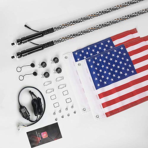 omotor 2PC 3FT Bluetooth Control 360° Spiral LED Whip Lights w/Flag [21 Modes] [20 Colors] [Weatherproof] Lighted Antenna Whips - Accessories for ATV Polaris RZR 4 Wheeler - Thumbnail 2