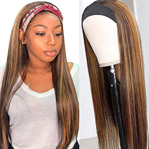 Ombre Blonde Headband Wig Human Hair Straight Highlight Honey Blonde Wig, Brazilian Human Hair Glueless None Lace Front Machine Made Wigs with Headbands Attached #4/27 150% Density (22 Inch)