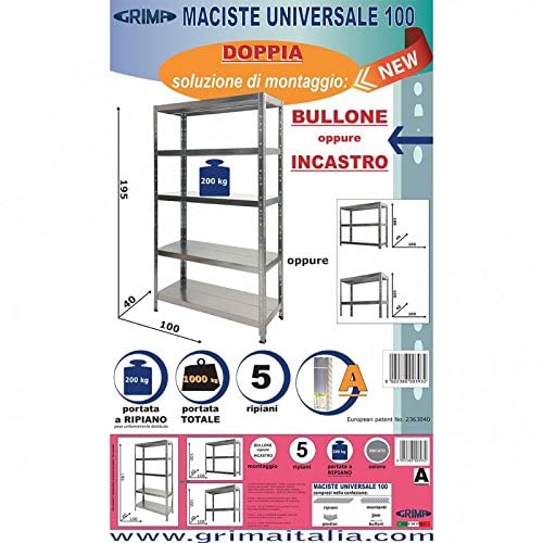 - Grima - Scaffale alto e resistente realizzato in metallo zincato. Dimensioni: 40 x 195 cm. Carico massimo: 1000 kg