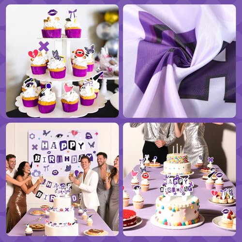 Image of Grencian Purple Birthday Decorations for Women Girls Happy Birthday Backdrop Banner Balloons Cake Toppers for Music Fans Gathering Themed Celebrations Purple Party Supplies