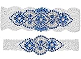 GARGALA Wedding Garters for Bride with Non-Slip Silicone, Lace Bridal Garter Set with Clear Rhinestones Crystal Pearl (Blue White, Large)