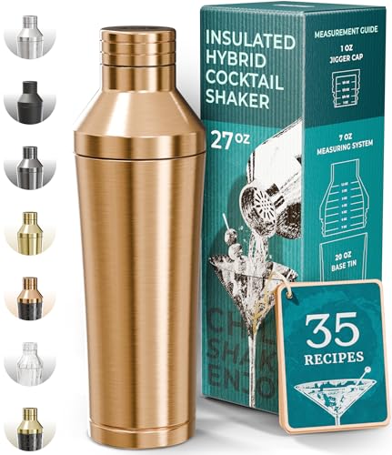 BARE BARREL Insulated Cocktail Shaker Set | Double Wall Stainless Steel | Martini Shaker for Home Bar Bartending | Built-in Drink Measure System & Strainer, Travel Bag, Recipes | Gift Set (Copper)
