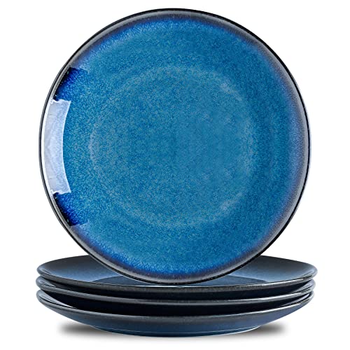 YELLOYA Großes Dessertteller-Set, 25,4 cm, Keramik, Salat, Nudelteller, Küche, Servierschale, Set mit 4 Stück, Ceylon-Blau, spülmaschinen- und mikrowellengeeignet Cover