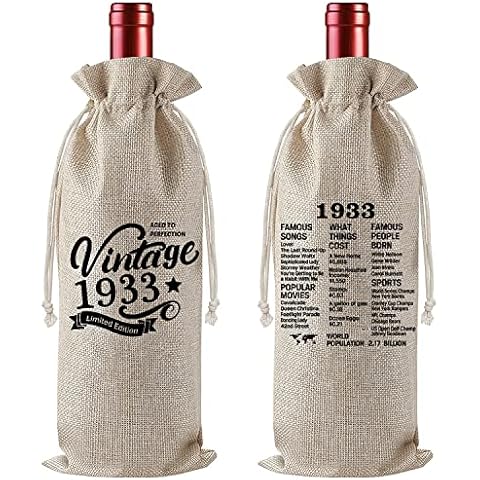 90th Birthday Wine Gift Bag, 1933 Vintage Wine Gift Bag for Women Men, Birthday Party Supplies Decorations, 90 Year Old Birthday Gifts for Her Him, 1 Pc Burlap Wine Bottle Cover Bag Cover