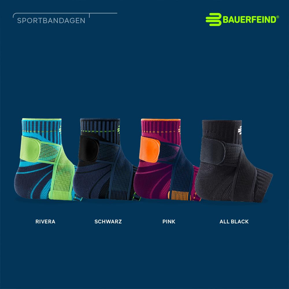 BAUERFEIND Sprunggelenkbandage „Ankle Support“ Unisex, 1 Sprunggelenk Bandage für Sport wie Fußball, Fitness und Joggen, Kein Umknicken durch Knöchelbandage, Schwarz, M
