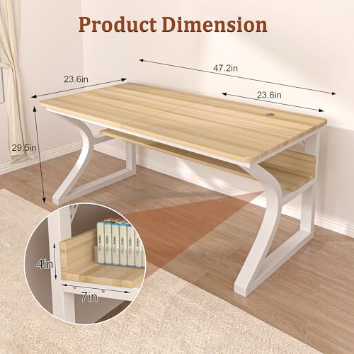 Image of 47 inch Computer Desk, Home Office Desk with Storage Shelf, Sturdy U-Shaped Metal Frame Study Table with Cable Management, Gaming Desk for Office & Bedroom (Light Walnut, 47inch)