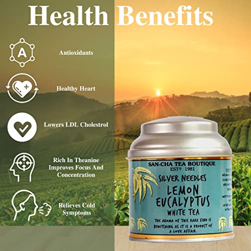 Image of Sancha Tea Boutique, Lemon Eucalyptus White Tea, 25g Loose Leaves | Calming & Detoxifying Silver Needle White Tea | Refreshing Citrus Aroma | Micro-Batch Blended