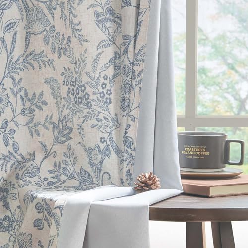 Lazzzy Blue Floral Linen Lined Curtains Rod Pocket 50W X 84L 2 Panels