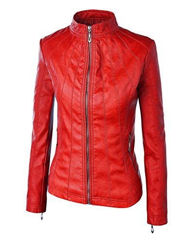 Made By Johnny MBJ Womens Faux Leather Zip Up Moto Biker Jacket with Stitching Detail