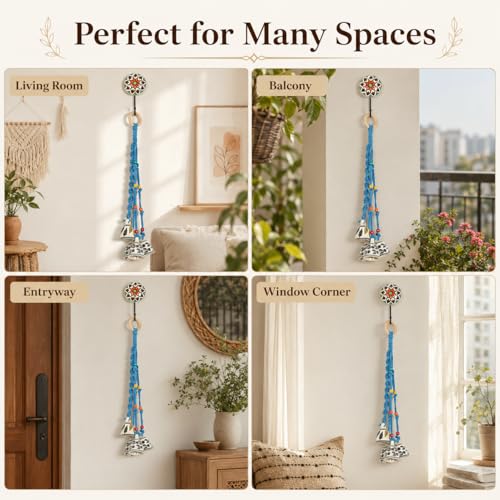 Image of KAAMERI BAZAAR Macrame Wind Chimes Enhance Living Space for Diwali (4 Bells, 1 Ring Tied with Sky Blue Macrame Thread)