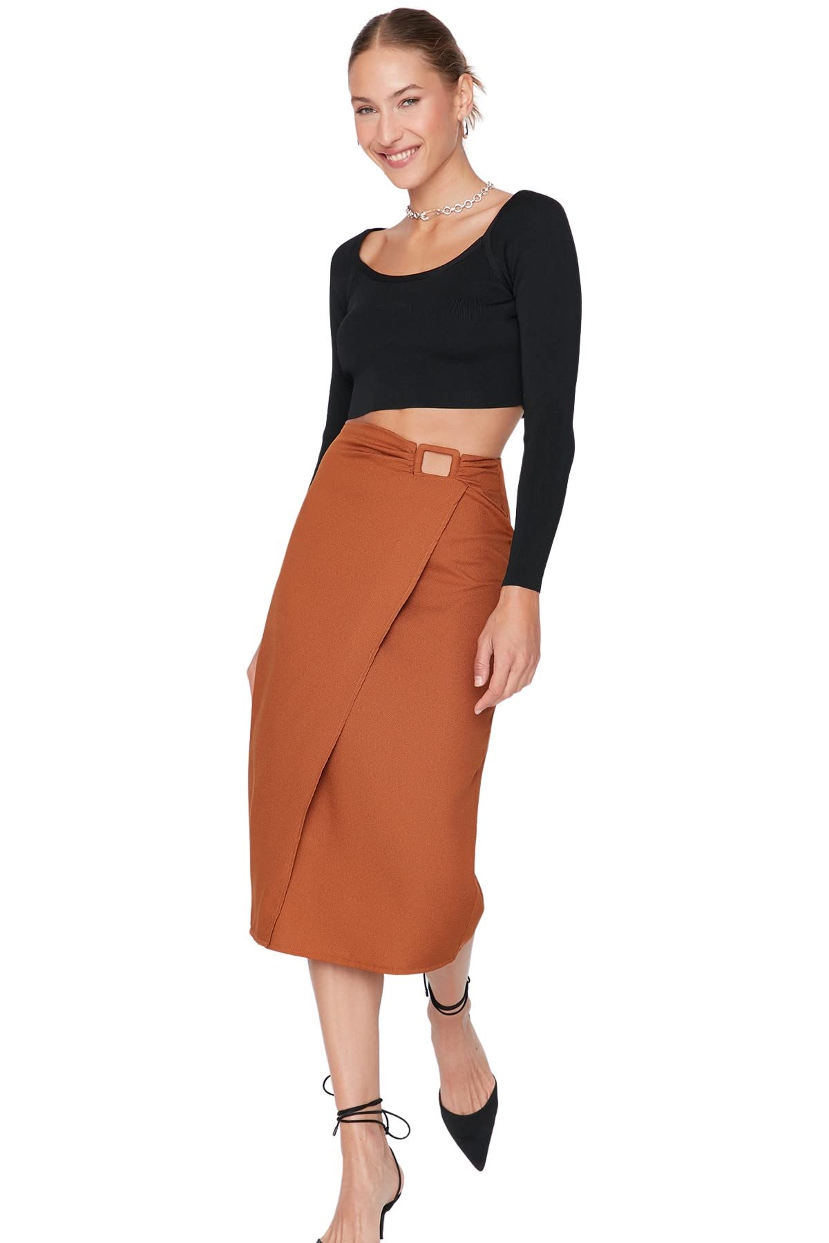 Trendyol Damen Midi Bleistiftrock Bleistiftrock Webstoff Rock, Braun, 34