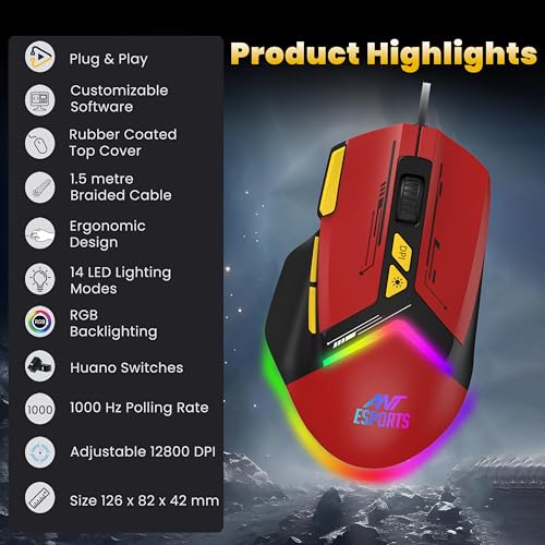 Image of Ant Esports GM333 RGB Wired High End Optical Ergonomic Gaming Mouse with 12800 DPI 1.5M Braided Cable Comes with Inbuilt Software Huano Switches with Rubber Coated Top Cover - Black /Red /Yellow