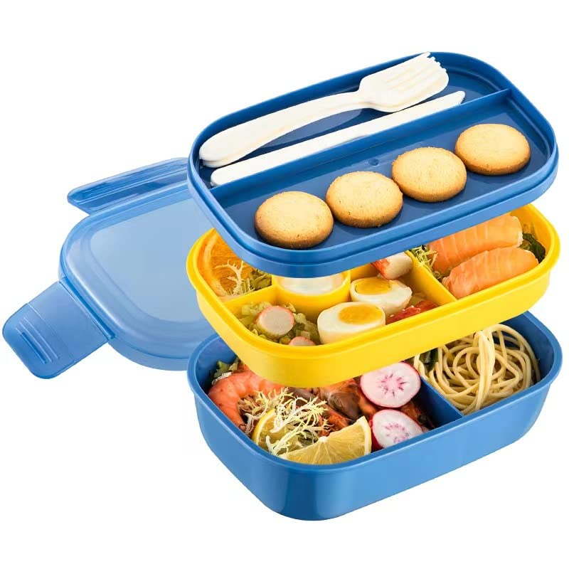 Moulaelos Bento Lunch Boxes - 1900ml Salad Lunch Containers with Compartments and Cutlery Set - BPA-Free Lunch Box for Adults - Blue & Yellow