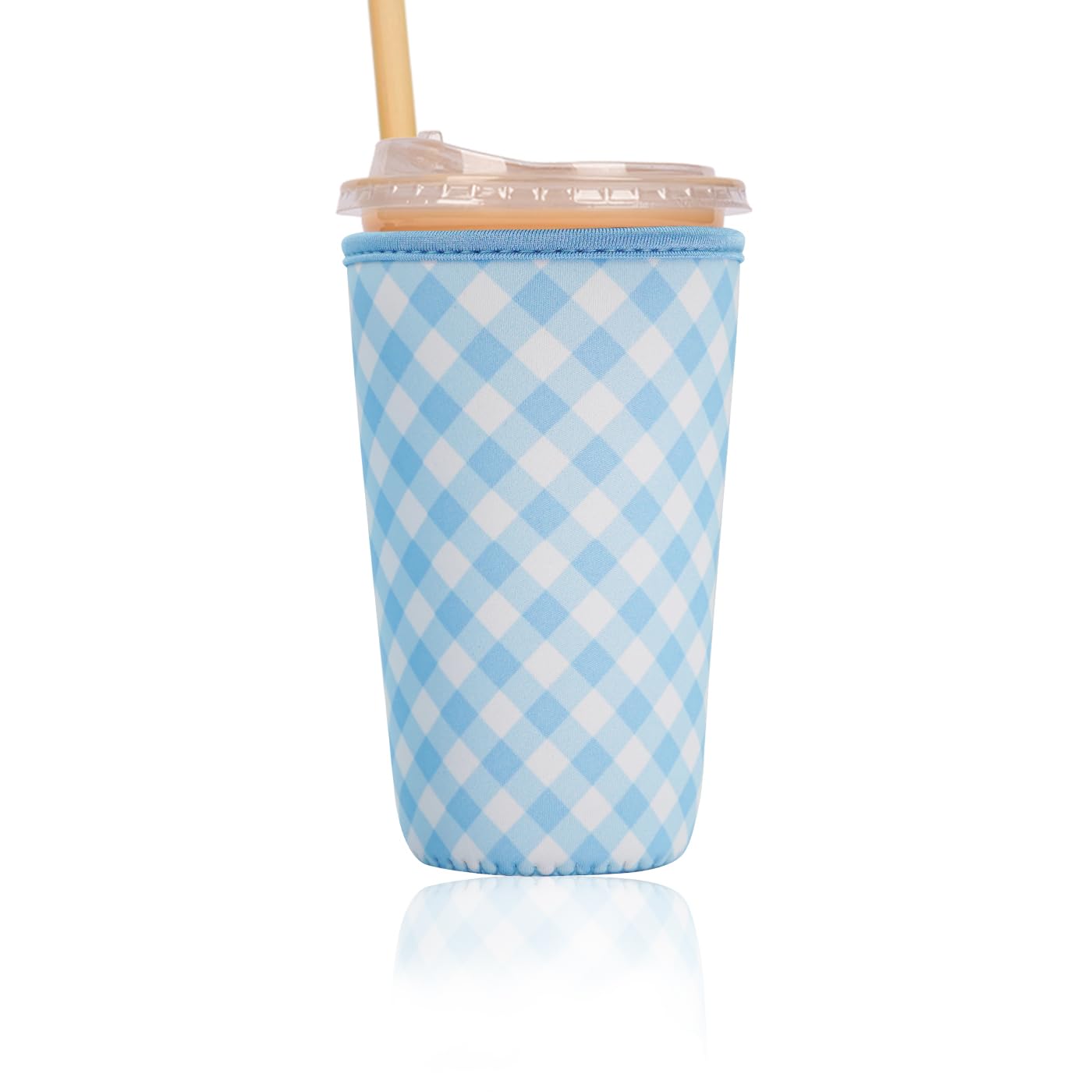 Reusable Insulated Sleeve for Iced Coffee Cup, Coffee Neoprene Sleeve for Cold &amp; Hot Drinks, Beverage Holder for Iced Coffee (Sky Gingham, Large: 32oz)
